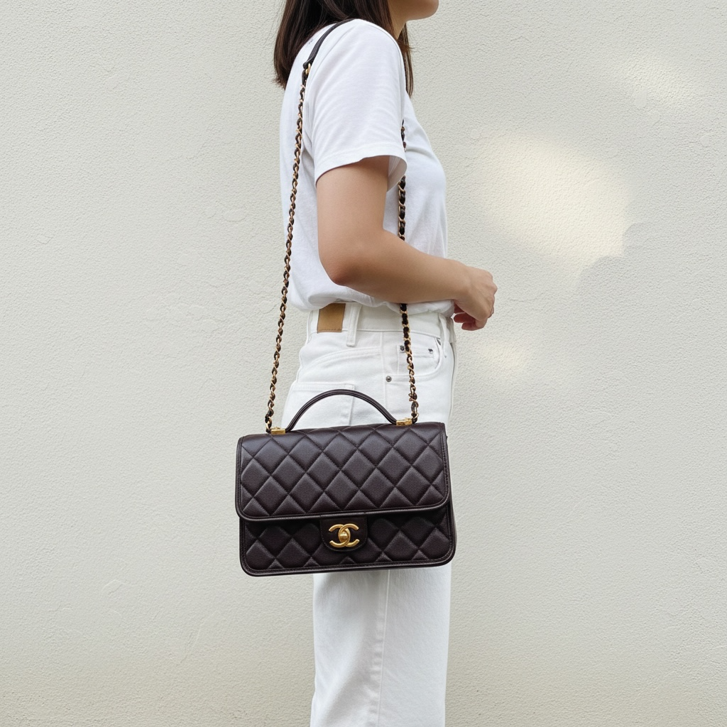 Include Entrupy Certificate of Authenticity｜Very Good ( Rank A)｜ CHANEL Matrasse  Calf Leather 22K  Flap With Top Handle Shoulder Bag Chocolate IC Chips Model ｜A26030617