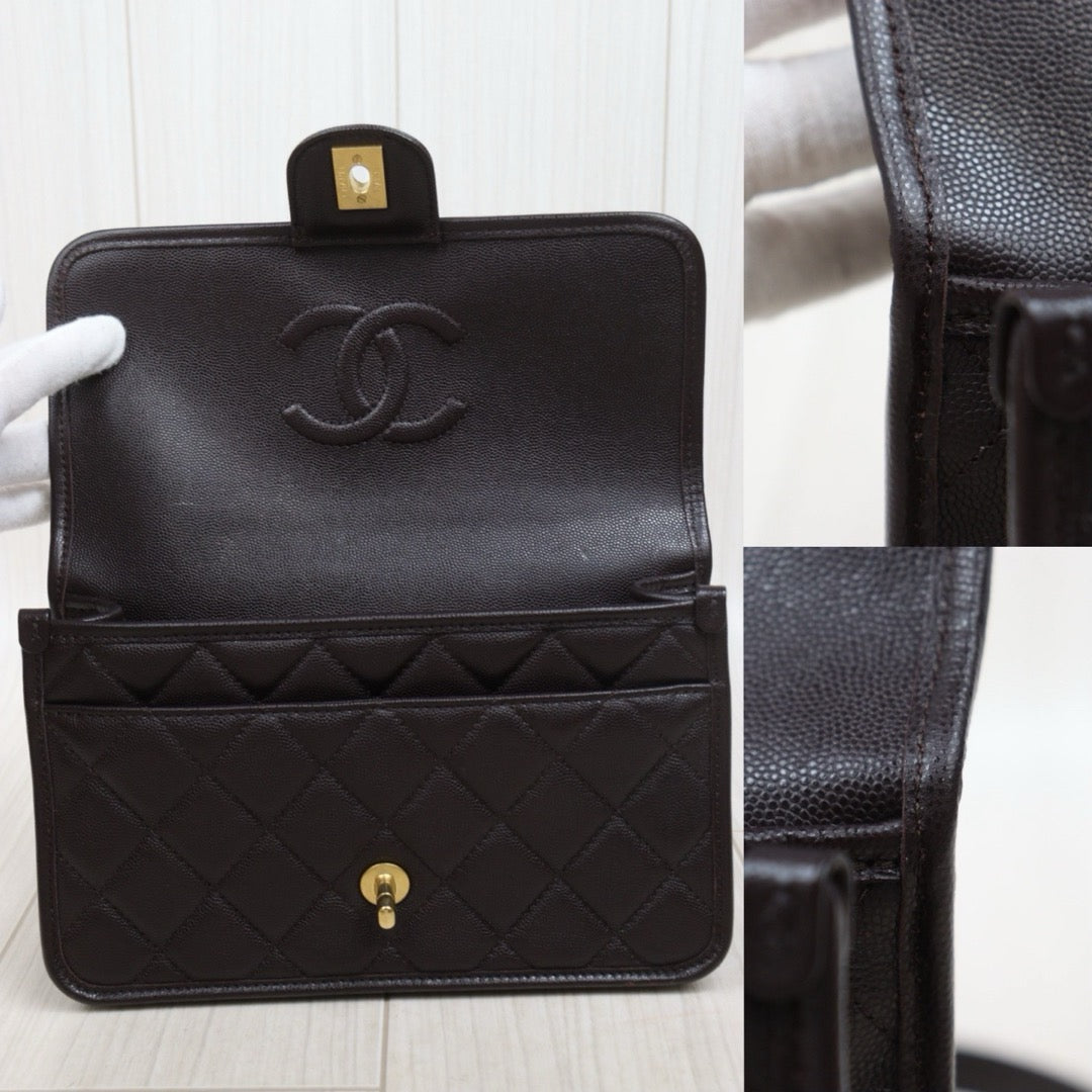 Very Good ( Rank A)｜ CHANEL Matrasse  Calf Leather 22K  Flap With Top Handle Shoulder Bag Chocolate IC Chips Model ｜A26030617