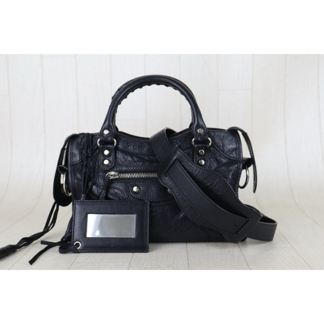 Include Entrupy Certificate of Authenticity｜Good ( Rank AB)｜Balenciaga Oiled Leather Gaint Classic mini city Handbag Shoulder Bag Black｜S26060115