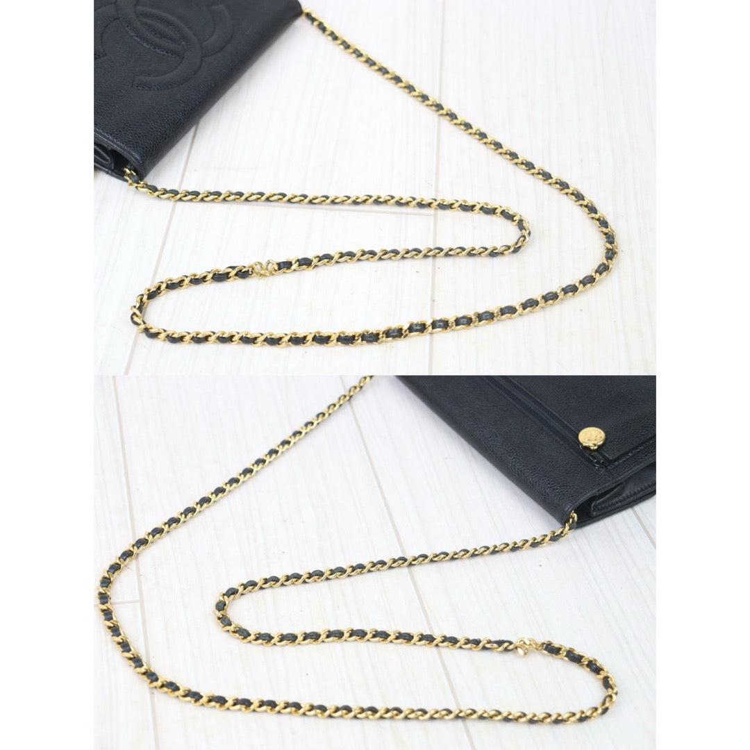 Good ( Rank AB)｜ CHANEL Caviar Skin Chain Wallet Black Gold Hardware Made in 1996-1997 Year ｜24100705