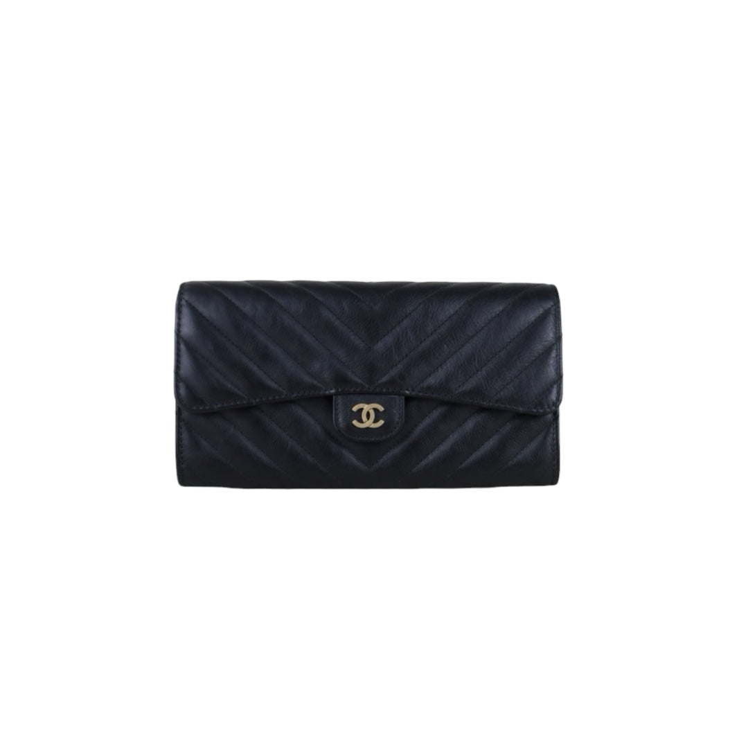 Include Entrupy Certificate of Authenticity｜Very Good ( Rank A)｜CHANEL Calf Skin Black Long Wallet Made In 2016-2017Year｜S26053007