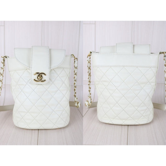 Include Entrupy Certificate of Authenticity｜Good ( Rank AB) ｜CHANEL Calf Leather  Potato Bucket Chain Shoulder Bag White Made in 2018-2019Year｜Y26012004