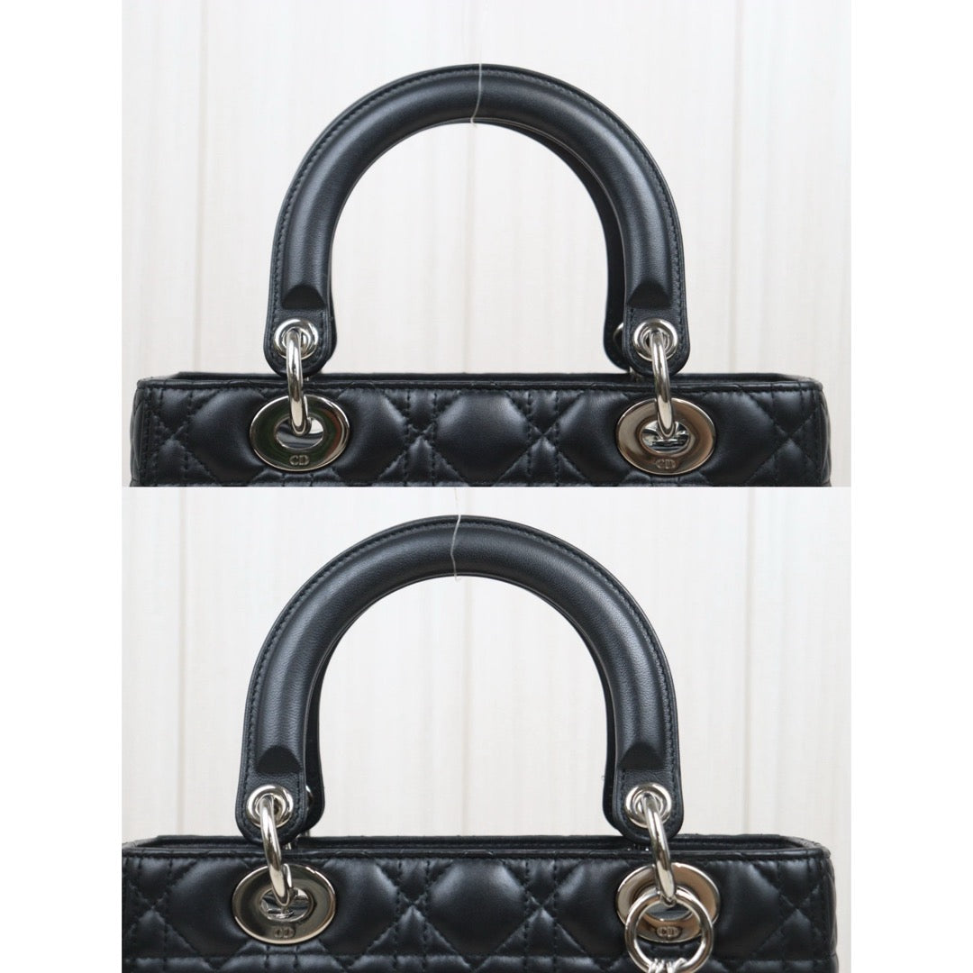Very Good ( Rank A) ｜  Dior Lady Dior Lamb Skin 2WAY Shoulder Bag Handbag Black  ｜S25083002