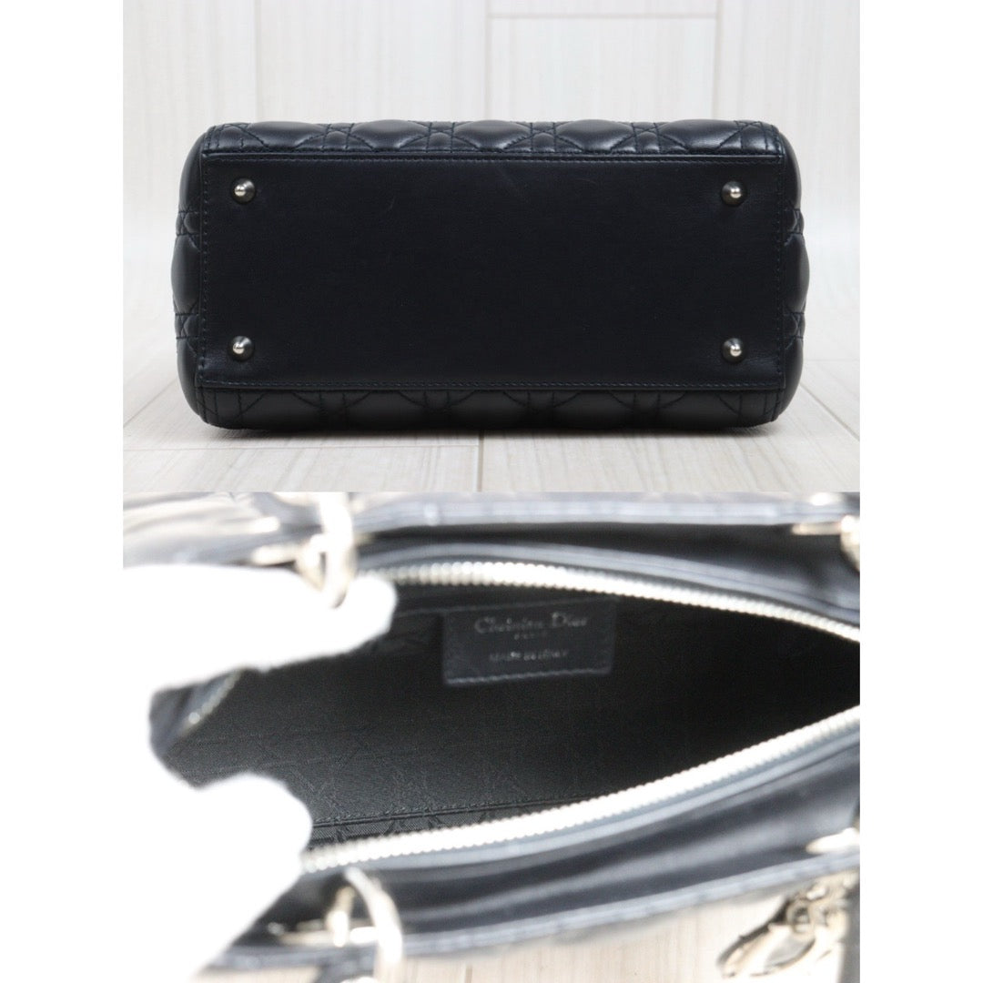 Include Entrupy Certificate of Authenticity｜Very Good ( Rank A) ｜  Dior Lady Dior Lamb Skin 2WAY Handbag Shoulder Bag Navy Blue ( Nearly Black ) ｜S26030909