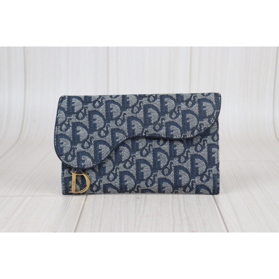 Rank A ｜ Dior Trotter Saddle Tri-fold Long Wallet Jacquard Leather Navy｜23080913