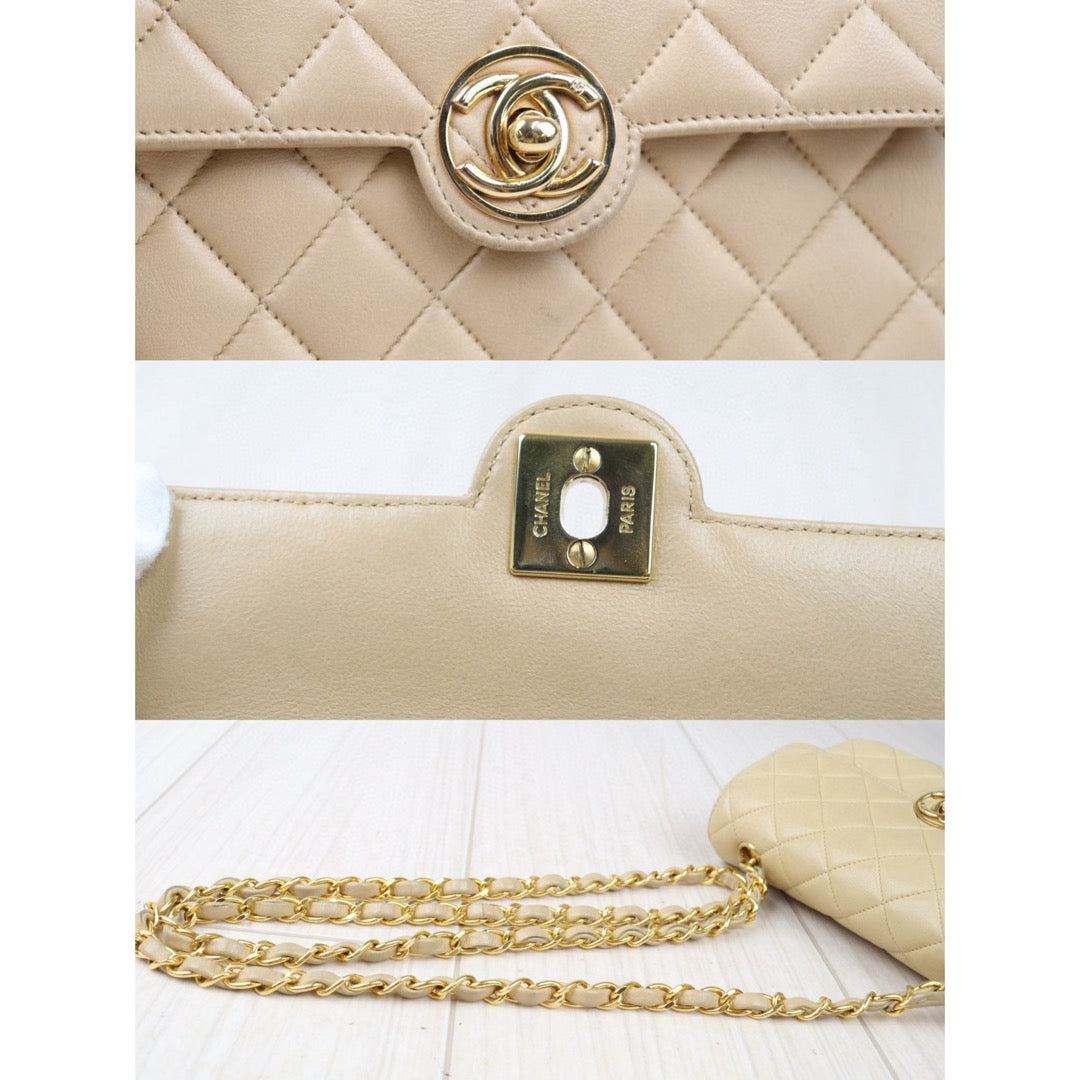 Good ( Rank AB)｜ CHANEL Lanbskin Square 17 Beige Shoulder Bag Made In 1989～1991Year ｜P24073001