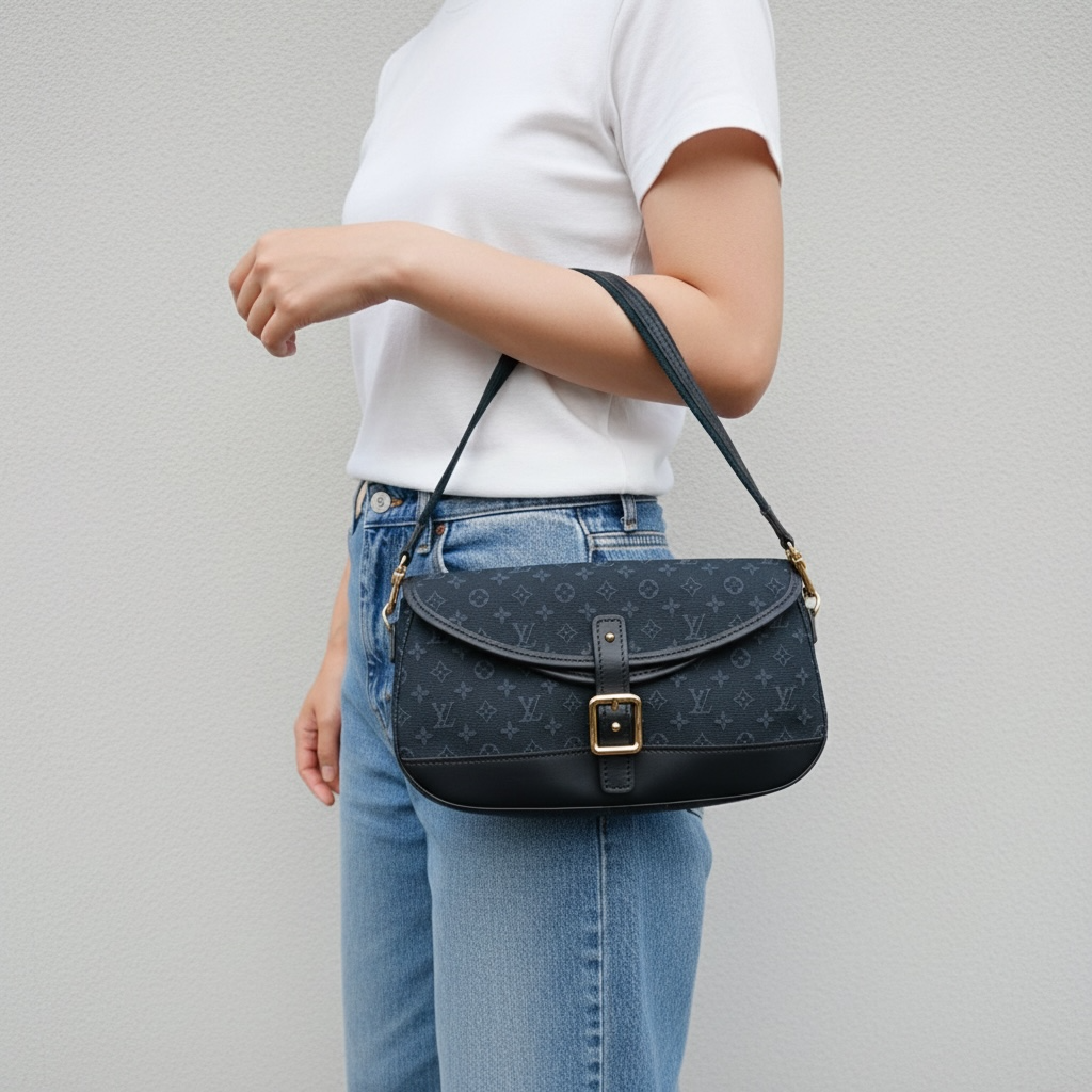 Include Entrupy Certificate of Authenticity｜Good ( Rank AB) ｜  Louis Vuitton Monogram Denim  Double Flap Shoulder Bag Black ｜26041301