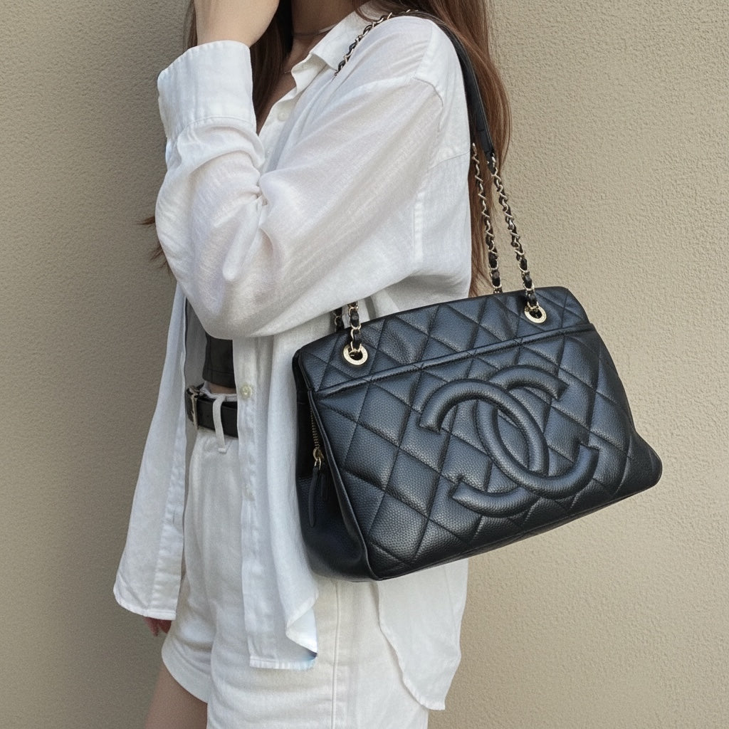 Include Entrupy Certificate of Authenticity｜Very Good ( Rank A)｜ CHANEL Caviar Skin  Matrasse Chain Tote Bag Black Made In 2012-2013Year｜X26051714