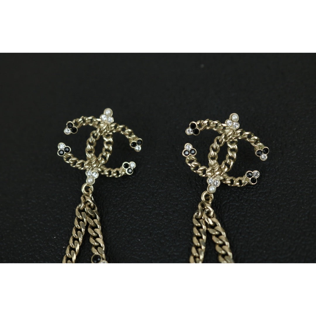 Excellent（Rank SA）｜ CHANEL Coco Mark Chain Pearl Rhinestone Earrings｜S24122607