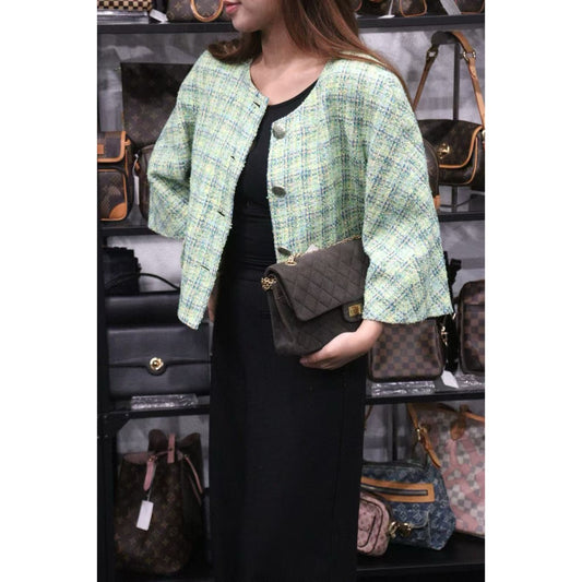 Very Good ( Rank A) ｜ CHANEL 19P Cotton Tweed Avocado Green Coat 44 size  ｜W25102108