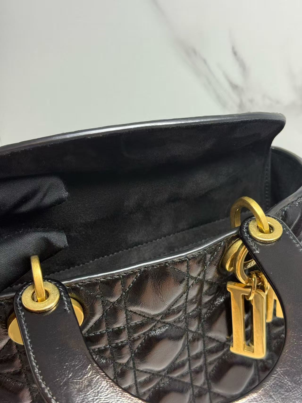 Dior Small Lady Dior Cafe Skin 2WAY Shoulder Bag Handbag Black