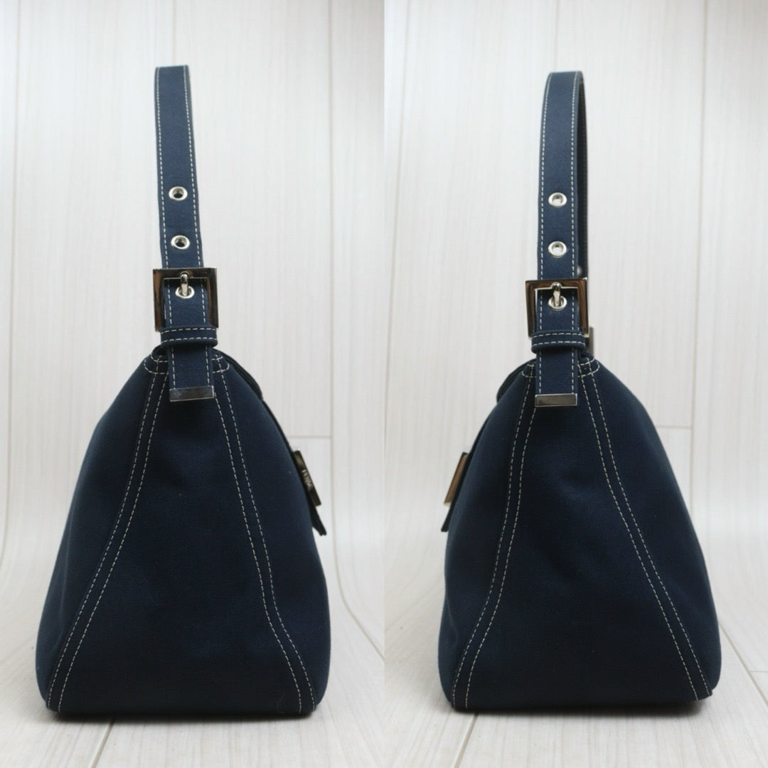 Include Entrupy Certificate of Authenticity｜Good ( Rank AB)｜ FENDI Mamma Baguette Canvas Enamel FF Buckle Shoulder Bag Navy Blue ｜26092403