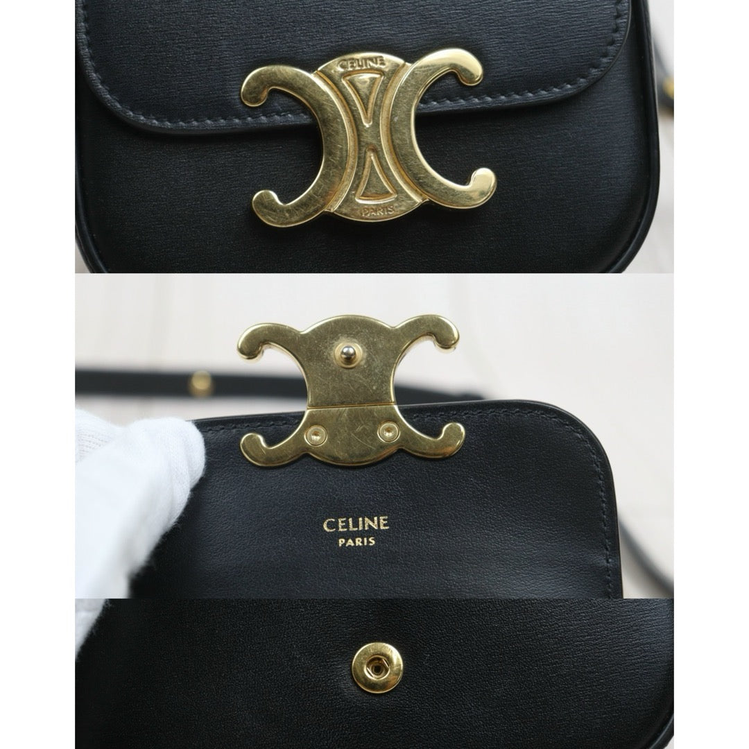 Include Entrupy Certificate of Authenticity｜Very Good ( Rank A)｜ CELINE Shiny Calfskin Mini Triomphe Shoulder Bag Black Golden Hardware｜26081803