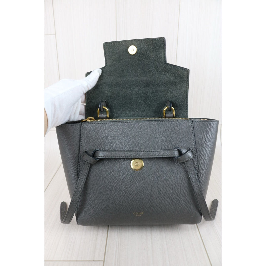 Include Entrupy Certificate of Authenticity｜Good ( Rank AB)｜CELINE Calf Leather  Belt Nano Handbag Shoulder Bag Gray｜S26041407