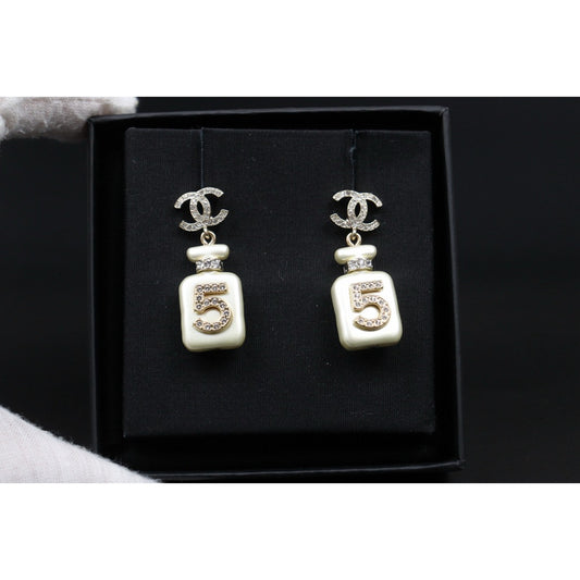 Excellent(Rank SA)| CHANEL Coco Mark White Pendant No5 Brass Perfume Diamond Earrings | S25021027