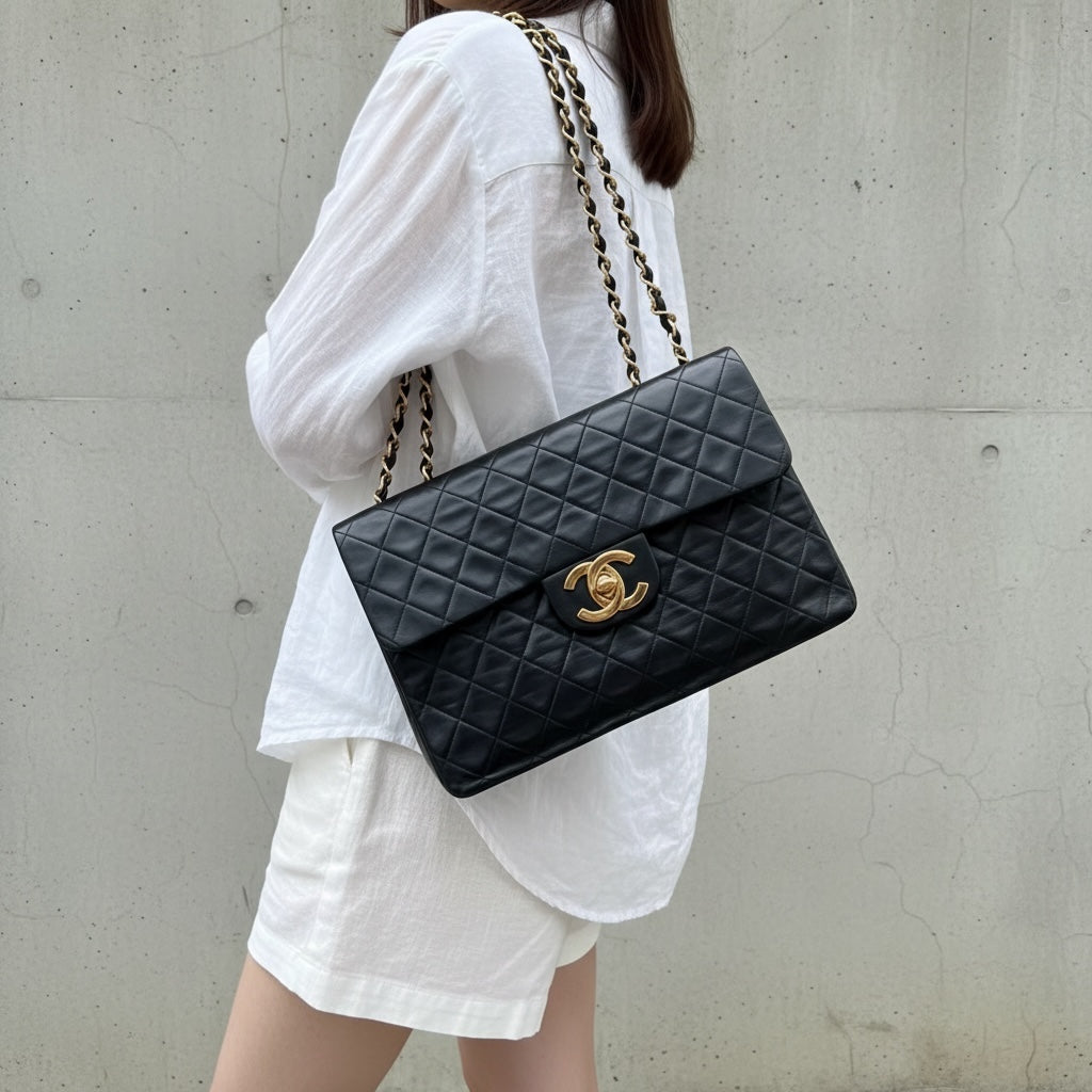 Include Entrupy Certificate of Authenticity｜Good ( Rank AB)｜ CHANEL Lamb Skin Matrasse Chain Single Flap34 Shoulder Bag Black Made in 1994-1996Year｜26060202
