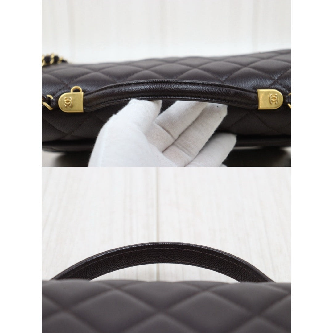 Very Good ( Rank A)｜ CHANEL Matrasse  Calf Leather 22K  Flap With Top Handle Shoulder Bag Chocolate IC Chips Model ｜A26030617