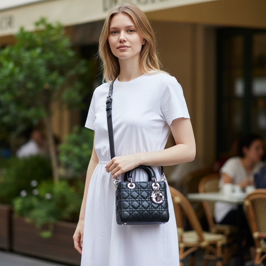 Include Entrupy Certificate of Authenticity｜Very Good ( Rank A) ｜  Dior Lady Dior Lamb Skin 2WAY Handbag Shoulder Bag  Black  ｜S26030908