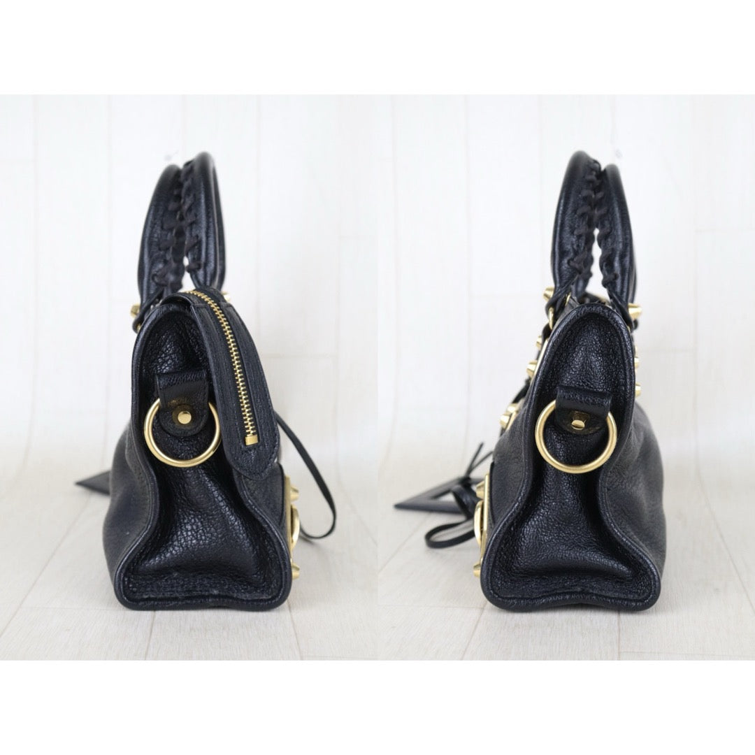 Include Entrupy Certificate of Authenticity｜Very Good ( Rank A)｜Balenciaga Chevre Leather Gaint Classic Metallic Edge City Mini Black HandBag Shoulder Bag ｜Z26091514