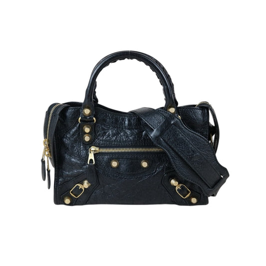 Include Entrupy Certificate of Authenticity｜Good ( Rank AB)｜Balenciaga Oiled Leather Gaint Classic Mini City Handbag Shoulder Bag Black｜S26052502