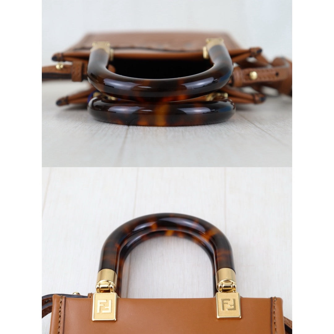 Include Entrupy Certificate of Authenticity｜Very Good ( Rank A)｜ FENDI Calfskin Leather Sunshine Mini  Tote Bag Shoulder Bag Brown｜S26030821