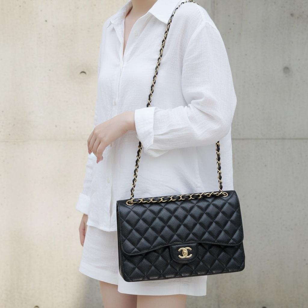 Include Entrupy Certificate of Authenticity｜Good ( Rank AB)｜ CHANEL Matrasse Chain Caviar Skin Jumbo Black  Made In 2014 Year｜S26041402