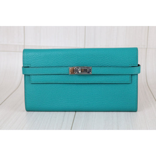 Include Entrupy Certificate of Authenticity｜Very Good ( Rank A)｜ HERMES Goatskin Kelly Long Wallet Vert Vertigo Paon X Stamp Made In 2016Year｜W26071704