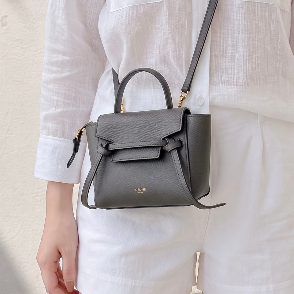 Include Entrupy Certificate of Authenticity｜Very Good ( Rank A)｜CELINE Calf Leather Belt Pico Handbag Shoulder Bag Etoupe Gray｜X26051807