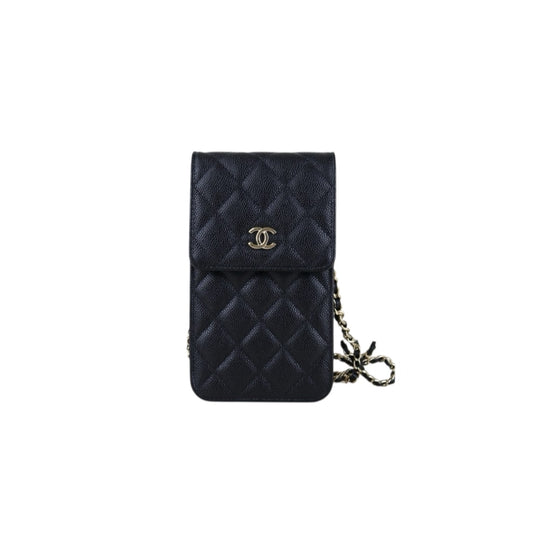 Include Entrupy Certificate of Authenticity｜Excellent（Rank SA）｜Full Set CHANEL 23S Caviar Skin Bow Matrasse Chain Phone Holder Black  IC Chips Model ｜S26051507