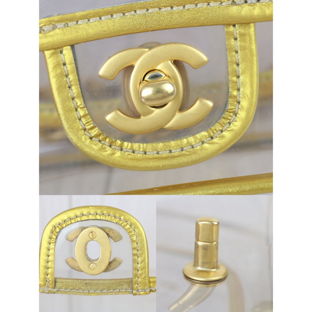 Include Entrupy Certificate of Authenticity｜Good ( Rank AB) ｜ CHANEL Vintage Clear PVC Gold Trim Classic Flap  Chain Bag Made In 2006-2008 Year｜S26083011