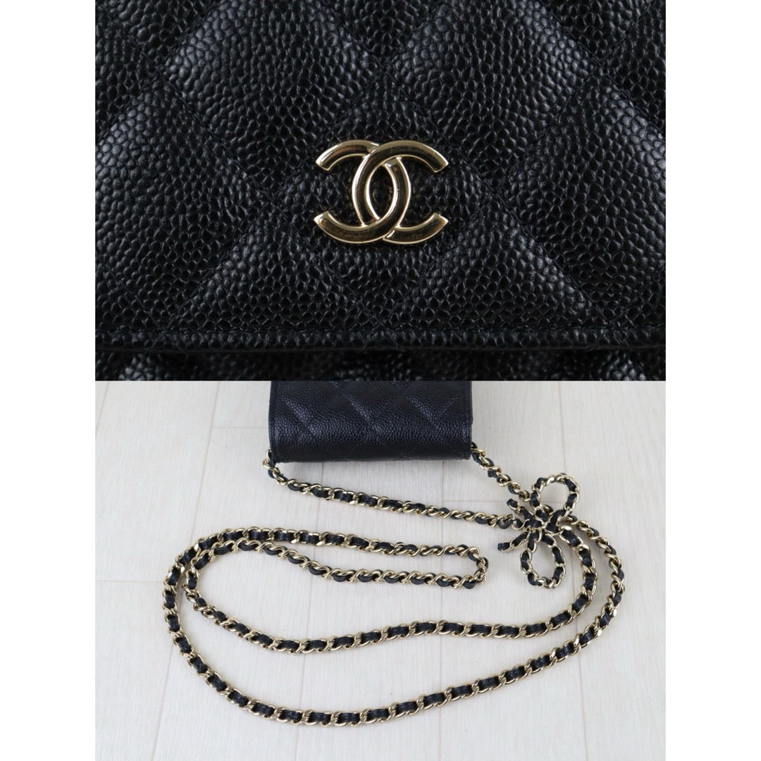 Include Entrupy Certificate of Authenticity｜Excellent（Rank SA）｜Full Set CHANEL 23S Caviar Skin Bow Matrasse Chain Phone Holder Black  IC Chips Model ｜S26051507