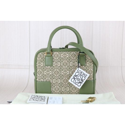 Excellent(Rank SA)| LOEWE Amazona Canvas Leather Calf Matcha Hand Bag With Shoulder Strap |X24111204