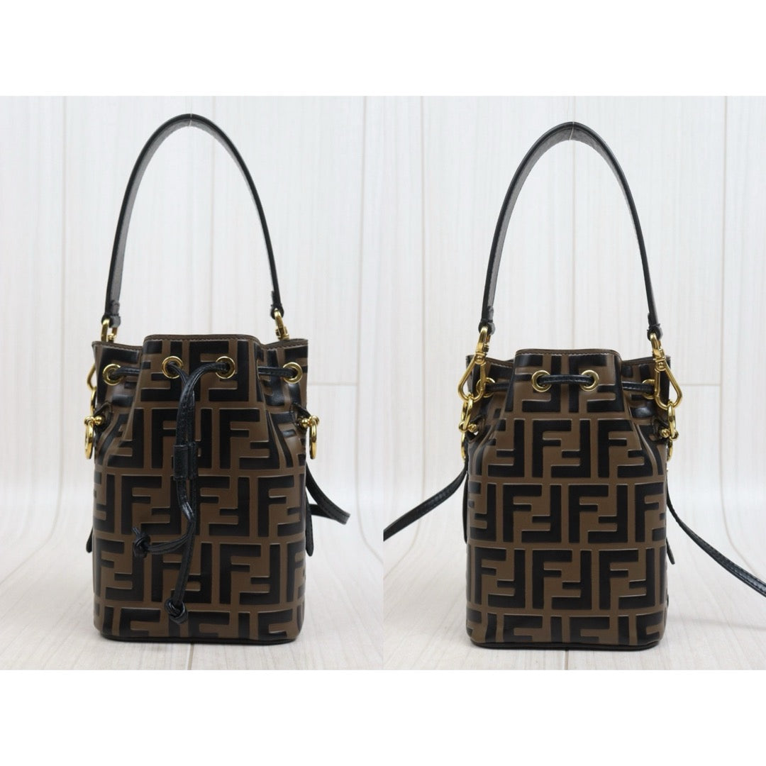 Include Entrupy Certificate of Authenticity｜Good ( Rank AB)｜ FENDI Zucca Mini Mon Tresor Calf Leather Bucket bag Shoulder Bag Brown ｜26051904