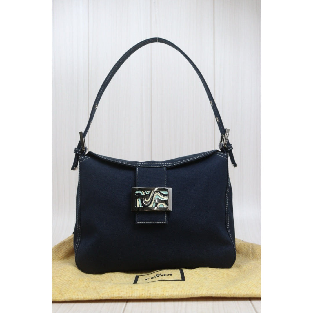 Include Entrupy Certificate of Authenticity｜Good ( Rank AB)｜ FENDI Mamma Baguette Canvas Enamel FF Buckle Shoulder Bag Navy Blue ｜26092403
