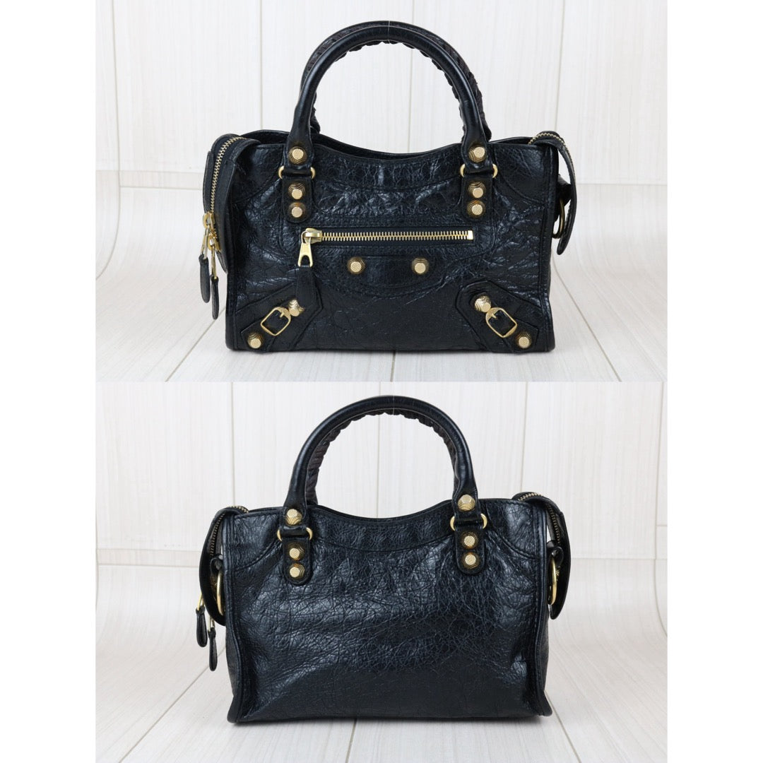 Include Entrupy Certificate of Authenticity｜Good ( Rank AB)｜Balenciaga Oiled Leather Gaint Classic Mini City Handbag Shoulder Bag Black｜S26052502