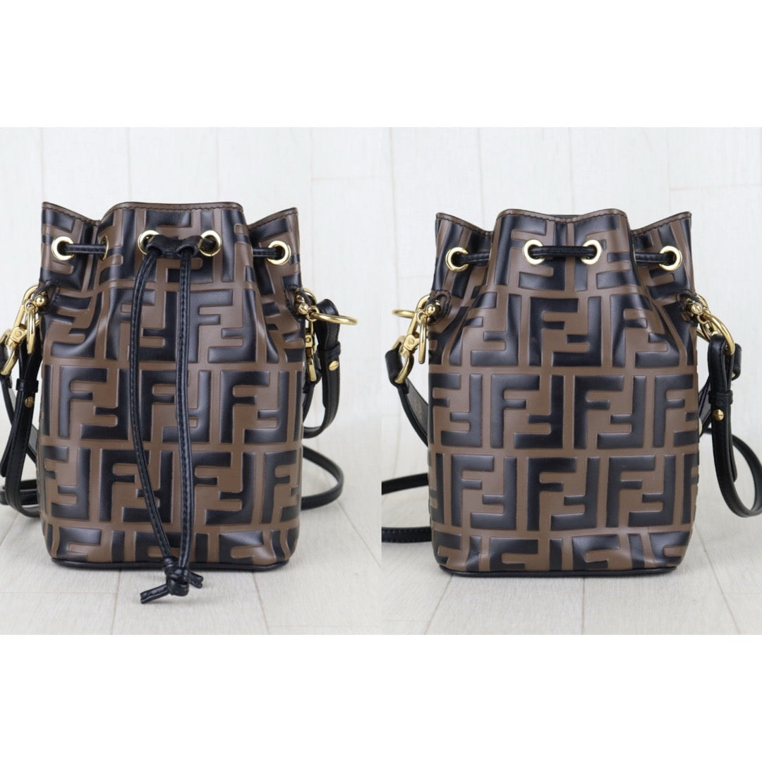 Good ( Rank AB)｜ FENDI Zucca Mini Mon Tresor Calf Leather Bucket bag Shoulder Bag Brown ｜S26010803