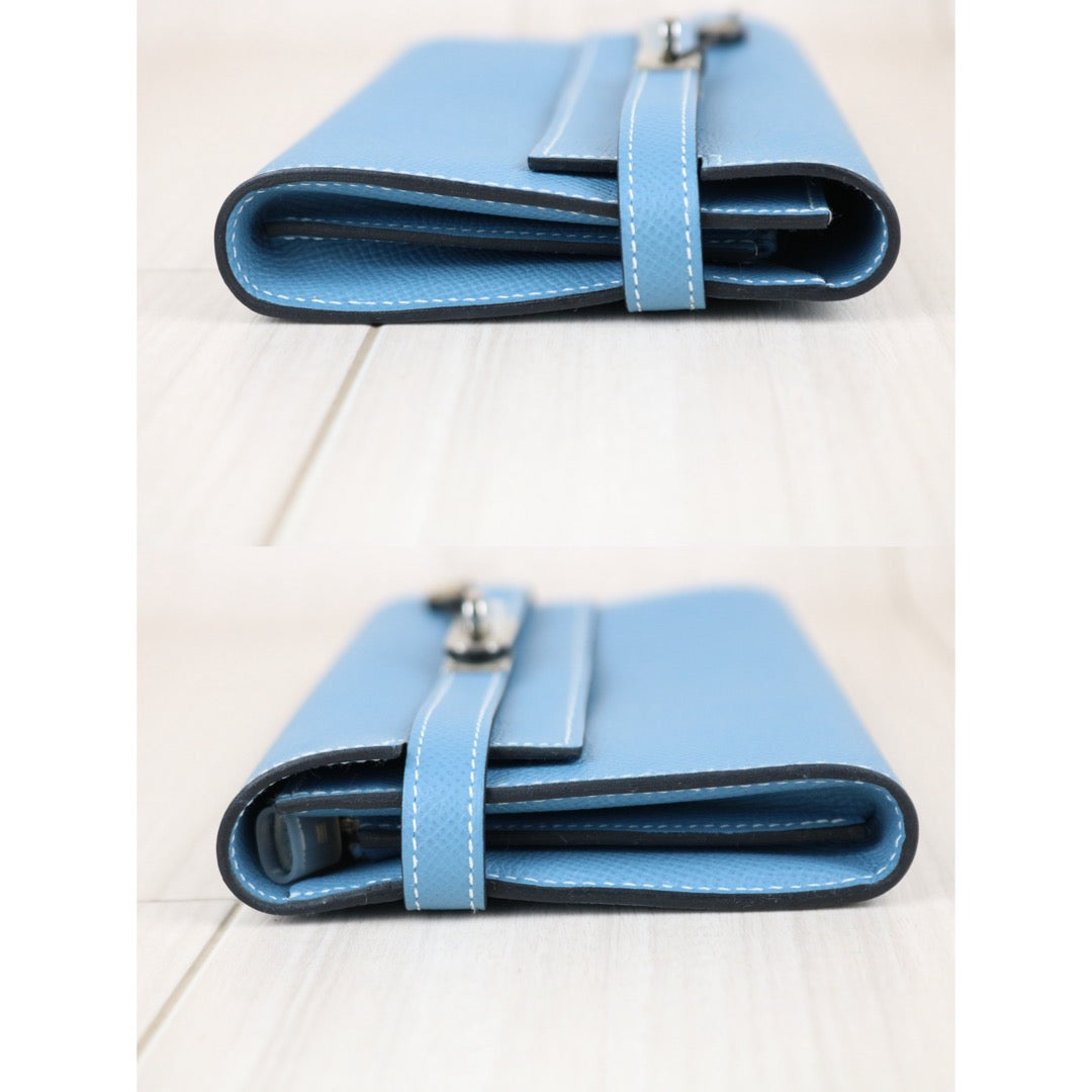 Include Entrupy Certificate of Authenticity｜Very Good ( Rank A)｜ HERMES Goatskin Kelly Long Wallet Etoupe □O Stamp Made In 2011Year Bleu Jean｜X26100708