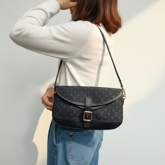Include Entrupy Certificate of Authenticity｜Good ( Rank AB) ｜  Louis Vuitton Monogram Denim  Double Flap Shoulder Bag Black ｜26041301