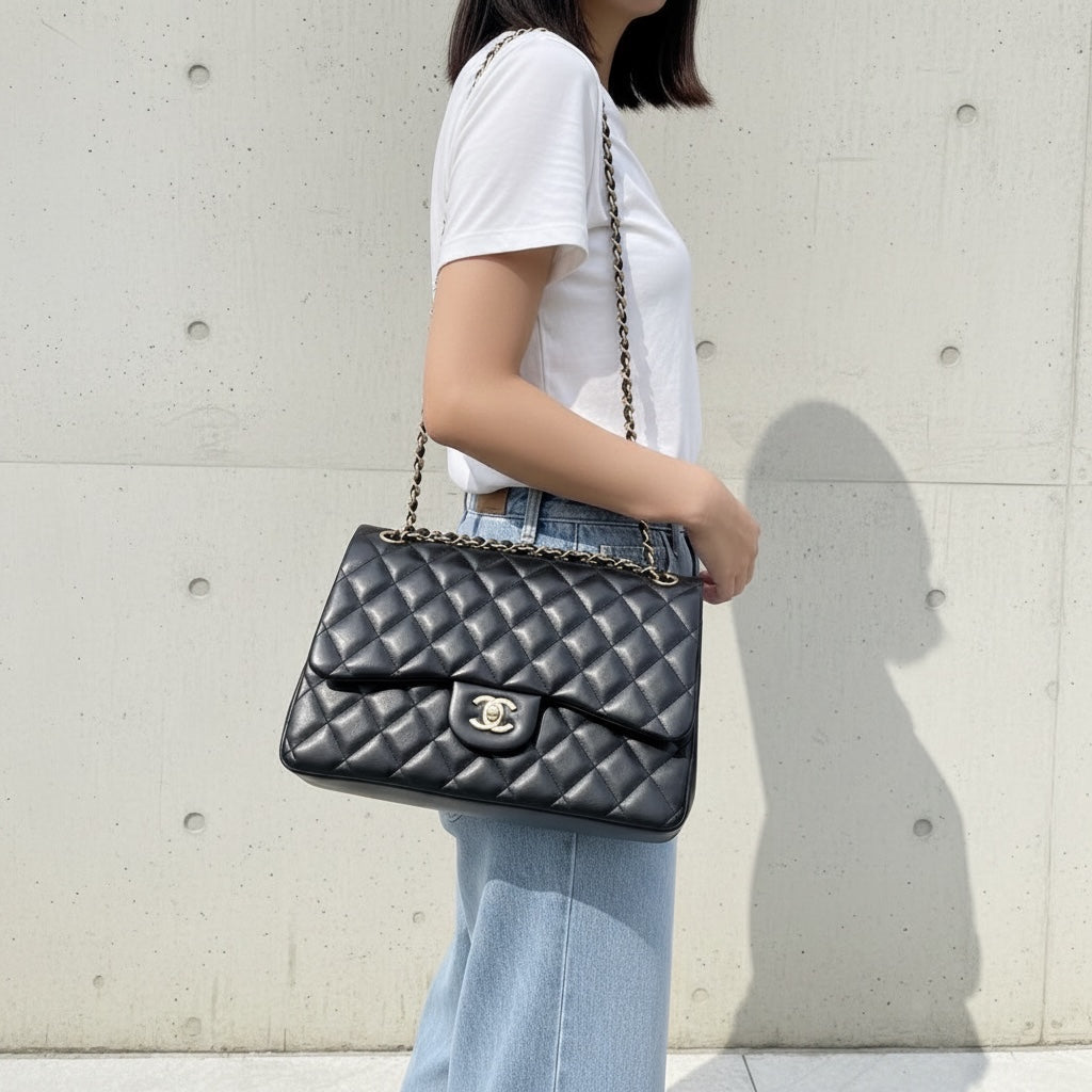 Include Entrupy Certificate of Authenticity｜Good ( Rank AB)｜ CHANEL Matrasse Chain Lamb Skin Jumbo Black  Made In 2015-2016 Year｜S26041401