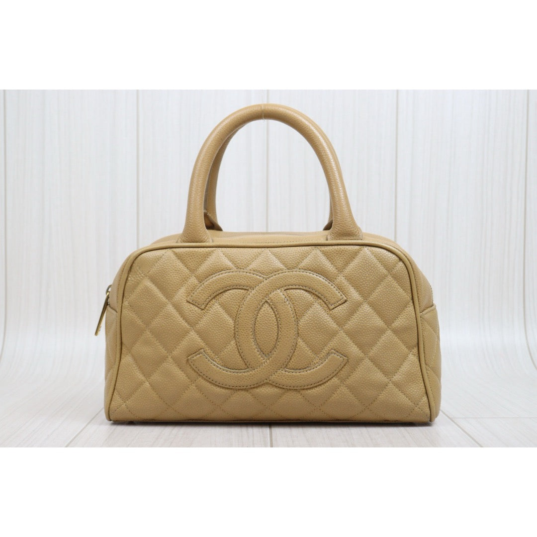 Include Entrupy Certificate of Authenticity｜Good ( Rank AB)｜ CHANEL Caviar Skin  Calf Leather Bowling Hand Bag Beige Made In 2003～2004Year｜26051302