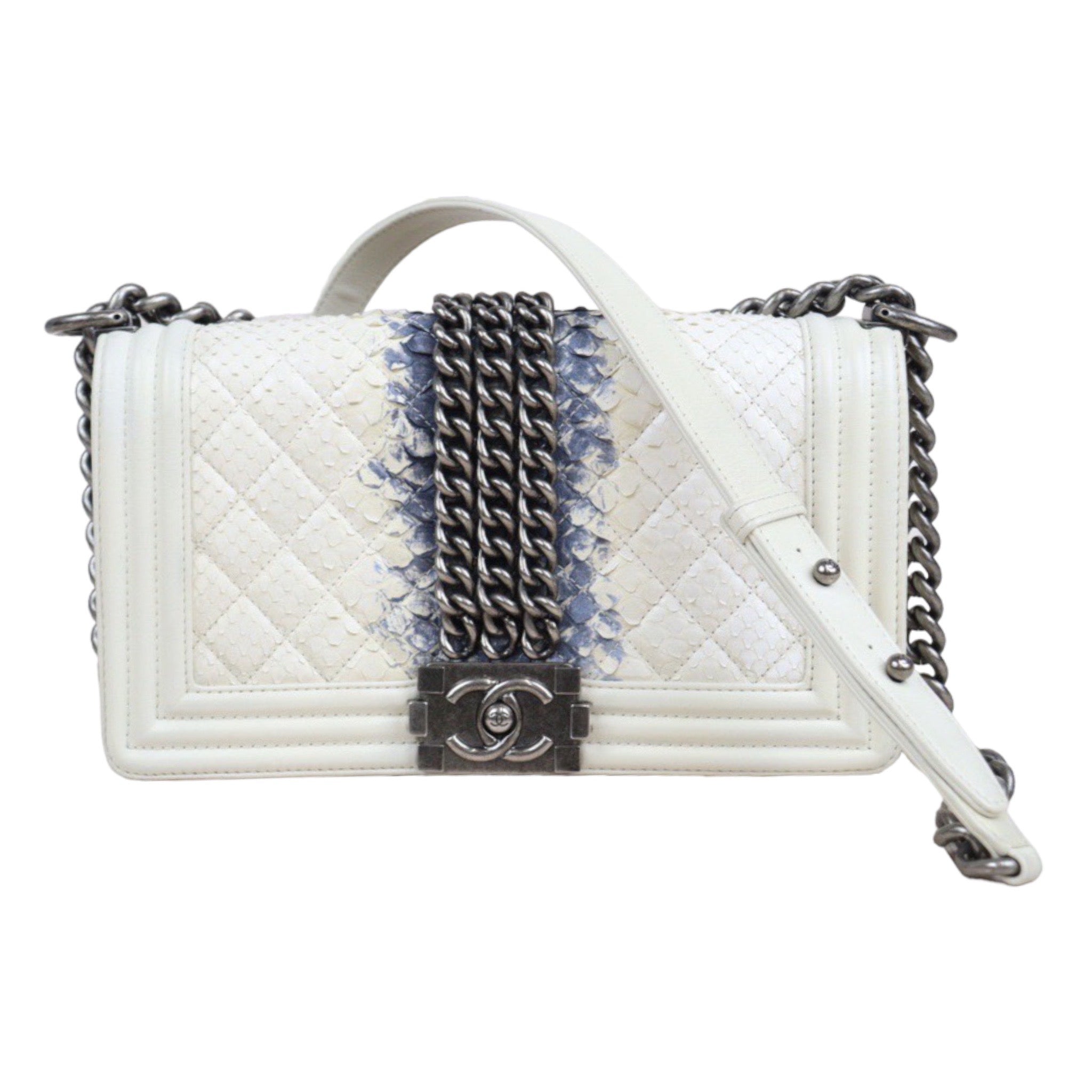 Rank A ｜CHANEL Snake Leather LeBoy Chain Shoulder Bag White Made