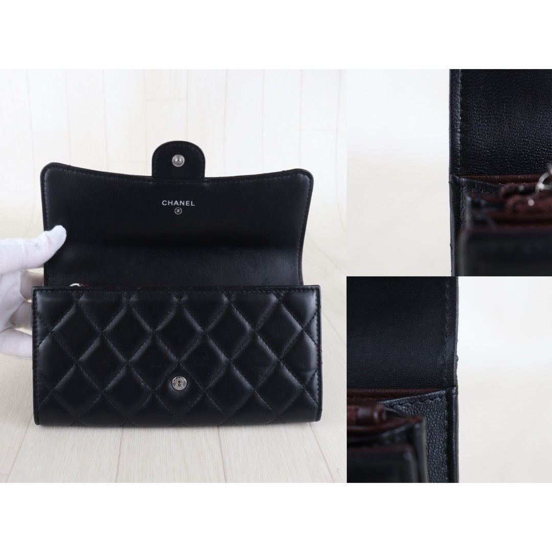 Include Entrupy Certificate of Authenticity｜Good ( Rank AB)｜CHANEL Lamb Skin Black Long Wallet Made In 2016-2017Year｜S26083005