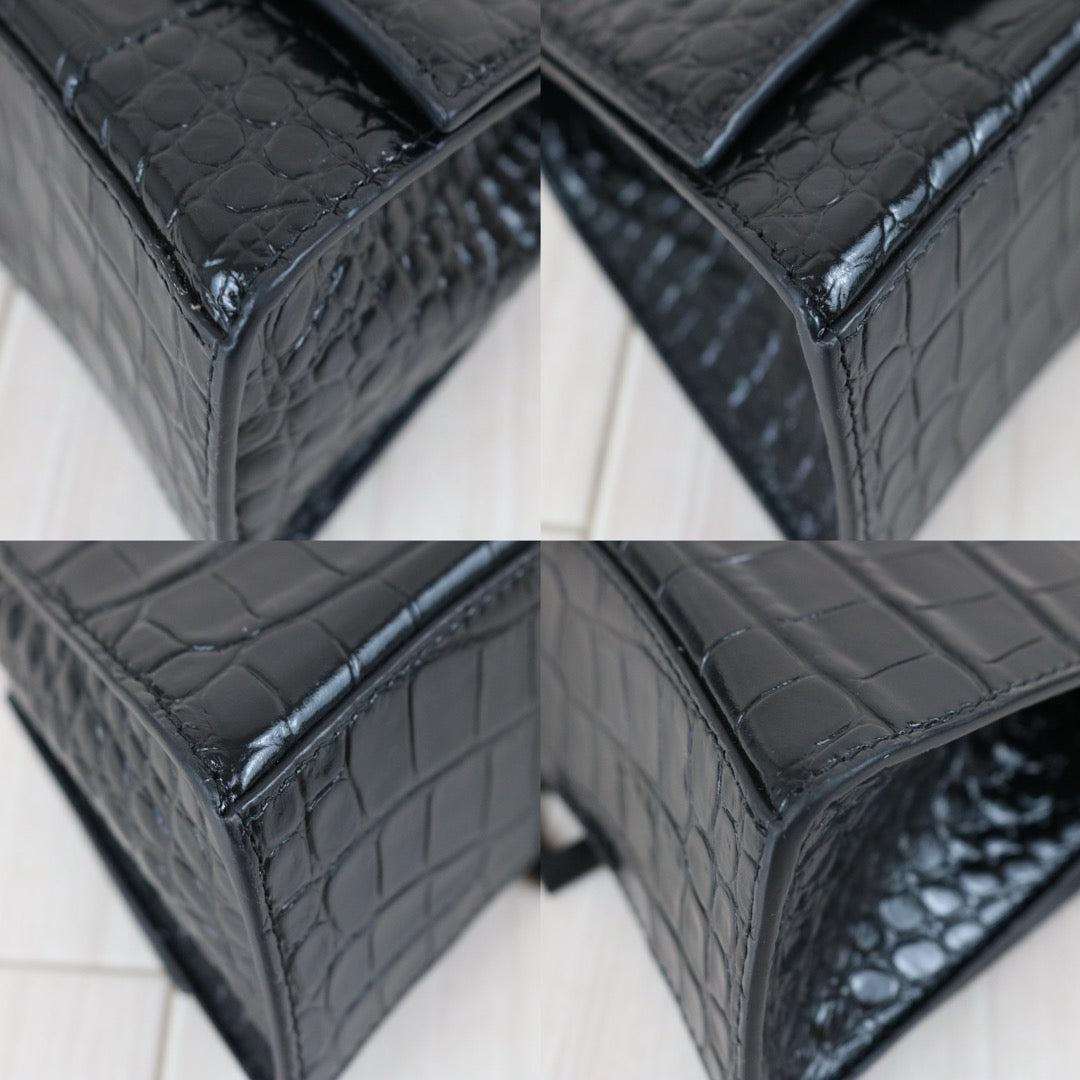 Include Entrupy Certificate of Authenticity｜Very Good ( Rank A)｜Balenciaga Crocodile Embossed Calfskin So Black Hourglass Hand Bag Shoulder Bag XS｜Z26091606