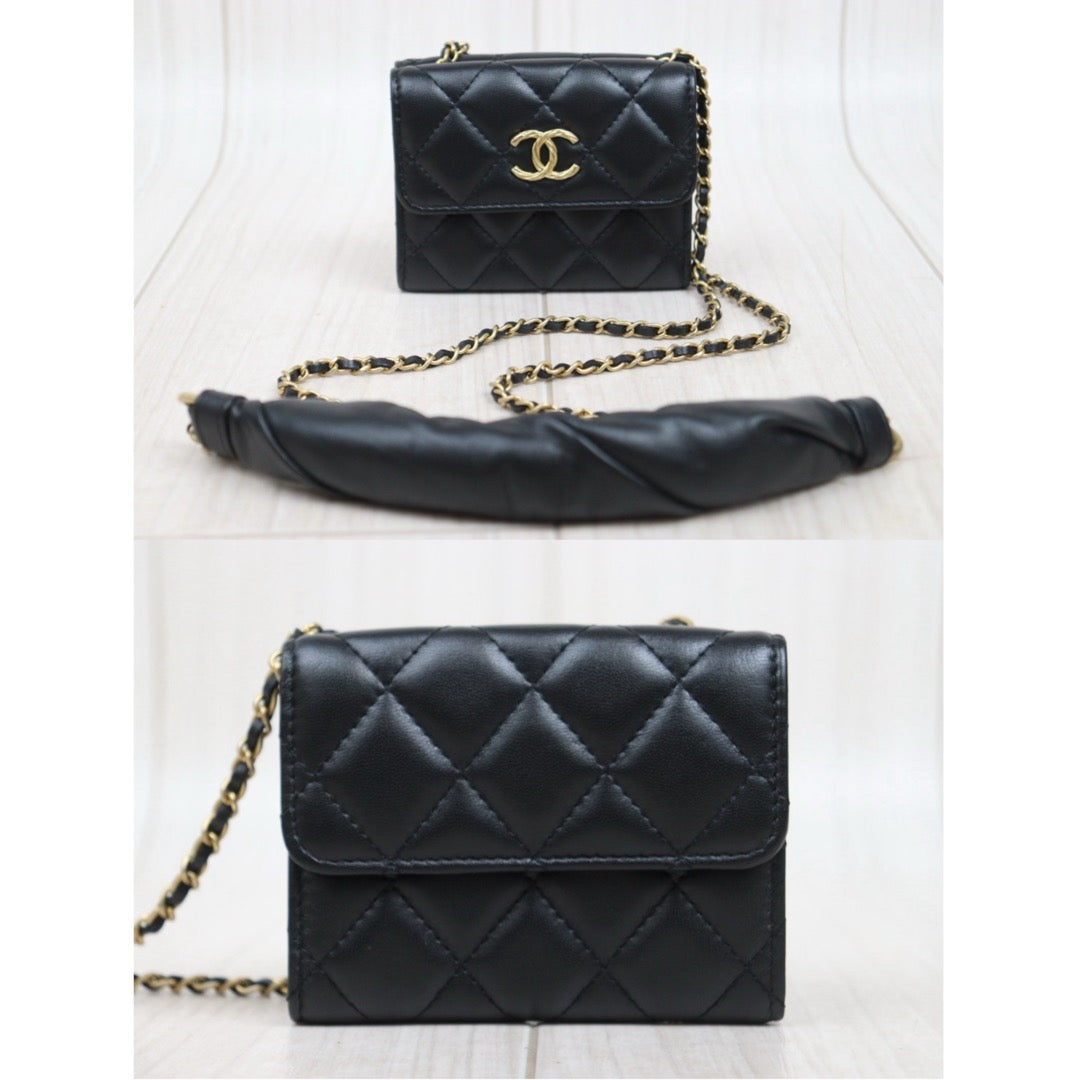 Very Good ( Rank A)｜ CHANEL Matelasse Chain Lamb Skin Coco Mark Card Holder Black Made In 2020-2021Year ｜P25080608
