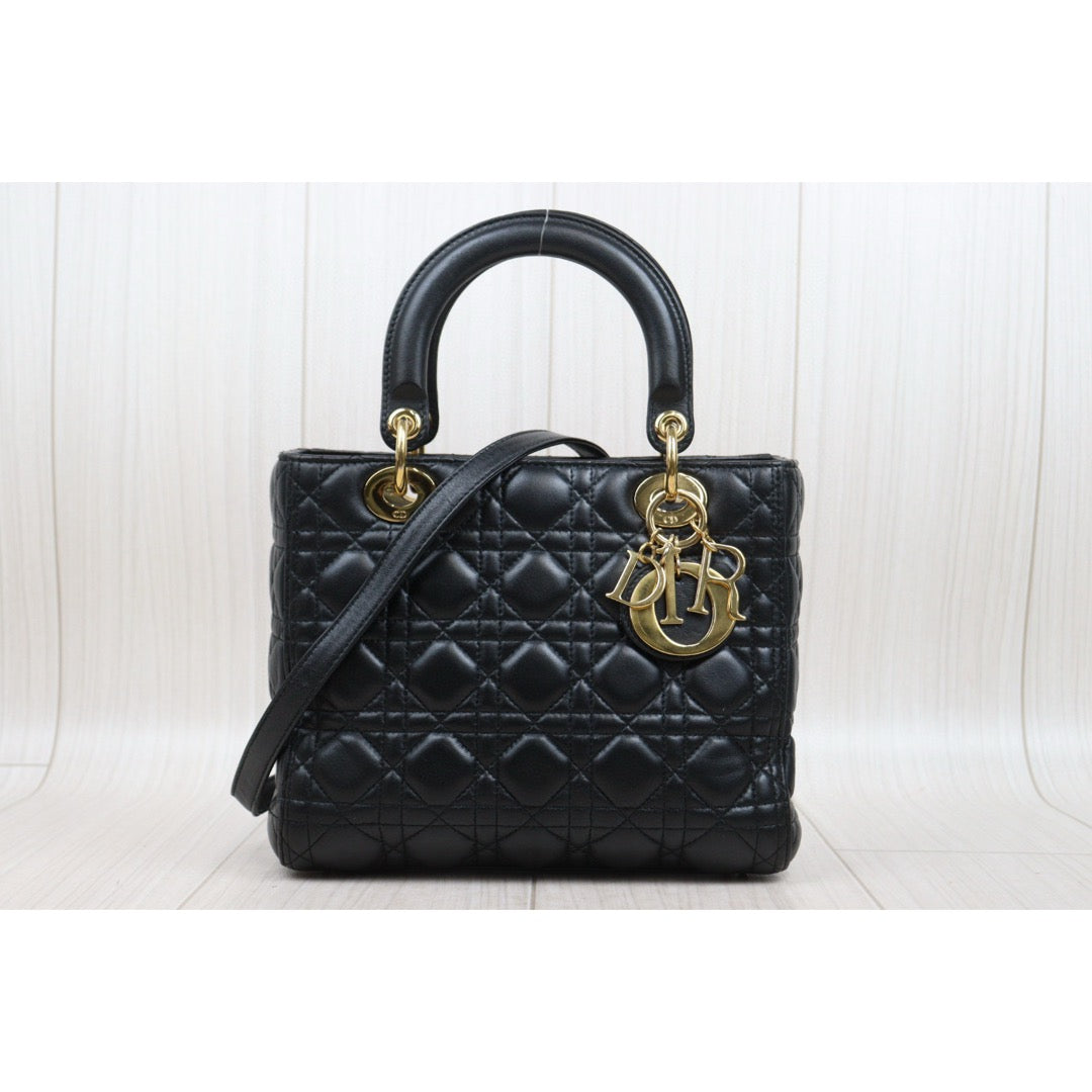 Good ( Rank AB)｜  Dior Lady Dior Lamb Skin 2WAY Shoulder Bag Handbag Black  ｜H25052503