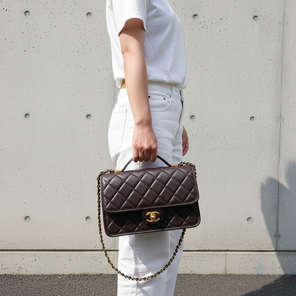 Include Entrupy Certificate of Authenticity｜Very Good ( Rank A)｜ CHANEL Matrasse  Calf Leather 22K  Flap With Top Handle Shoulder Bag Chocolate IC Chips Model ｜A26030617