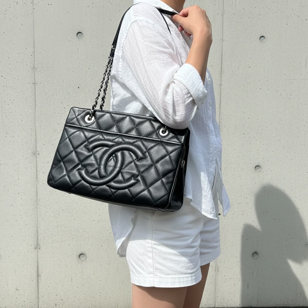 Include Entrupy Certificate of Authenticity｜Good ( Rank AB)｜ CHANEL Calf Leather  Matrasse Chain Tote Bag Black Made In 2013～2014Year｜S26060105