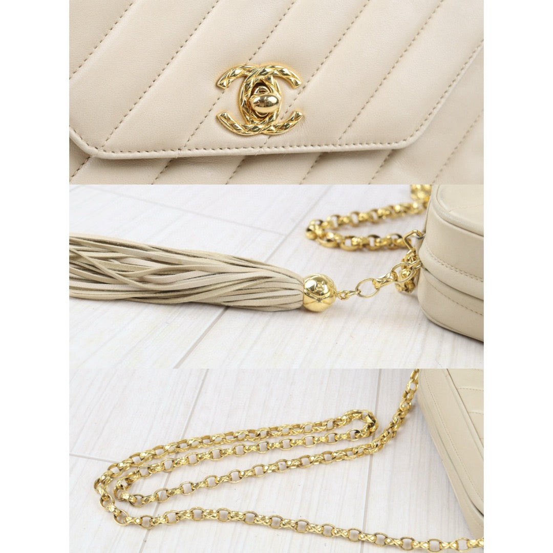 Good ( Rank AB)｜ CHANEL Matrasse Chain Camera Bag  Pearl White Shoulder Bag Made In 1991～1994Year ｜P24083009