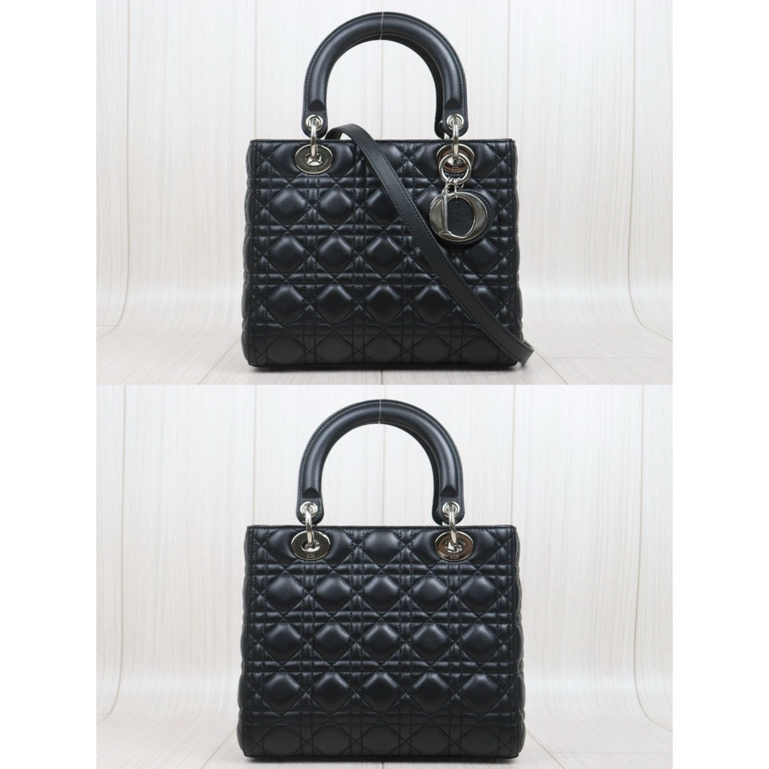 Very Good ( Rank A) ｜  Dior Lady Dior Lamb Skin 2WAY Shoulder Bag Handbag Black  ｜S25083002