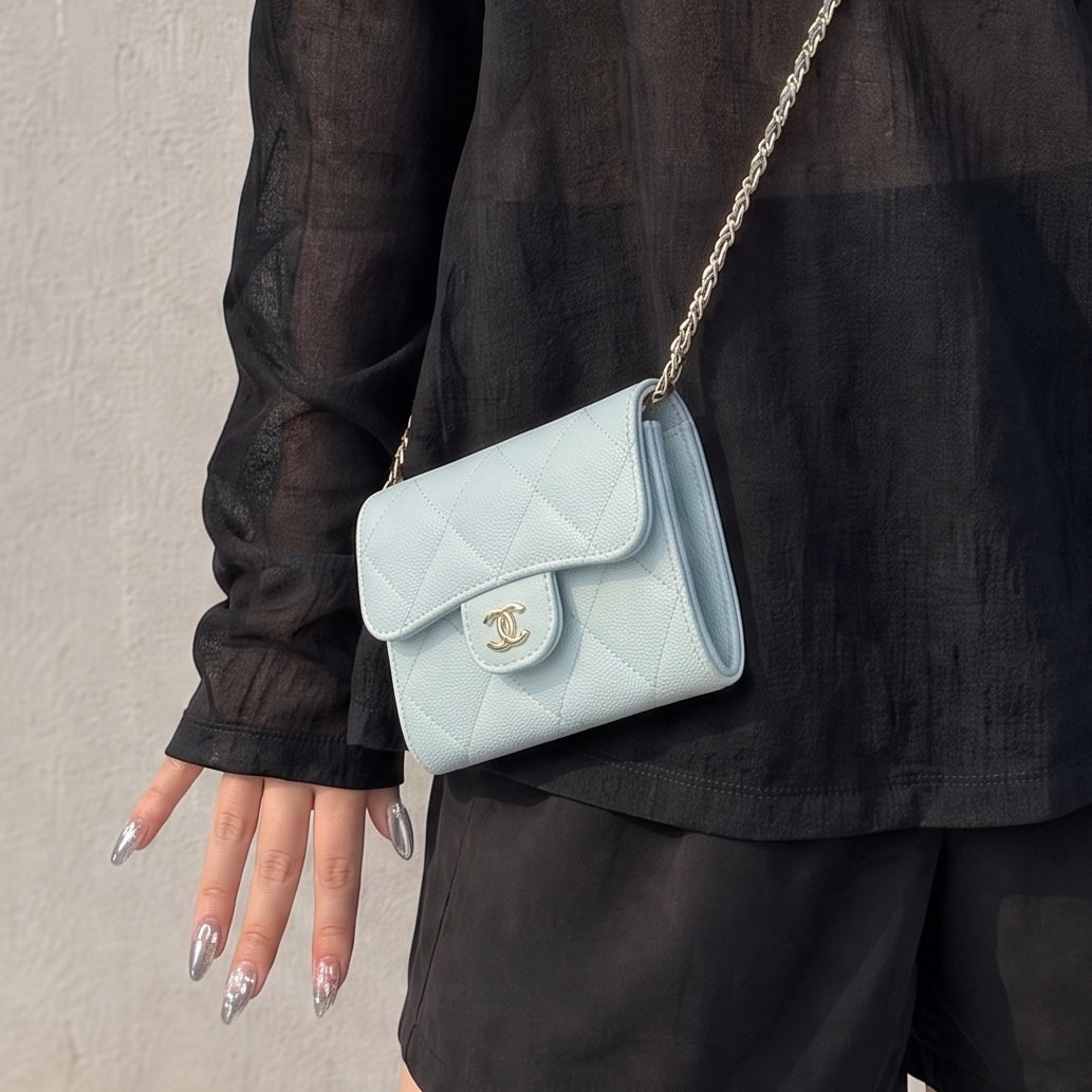 Include Entrupy Certificate of Authenticity｜Very Good ( Rank A)｜CHANEL Caviar Skin Chain Shoulder Bag Blue Made In 2020-2021Year｜S26072536